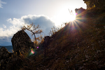 sunrise in the mountains austrian alps with lenseflase in autumn