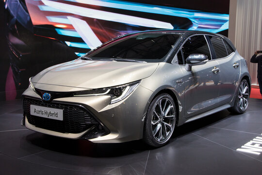 GENEVA, SWITZERLAND - MARCH 6, 2018: New Toyota Auris Hybrid car showcased at the 88th Geneva International Motor Show.
