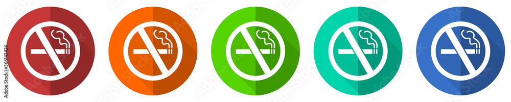 Poster no smoking icon set, red, blue, green and orange flat design web buttons isolated on white backgroun