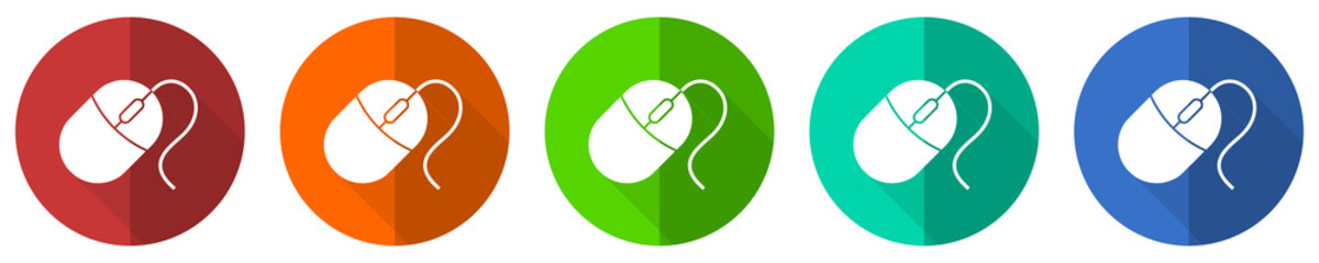 Mouse icon set, red, blue, green and orange flat design web buttons isolated on white background, vector illustration