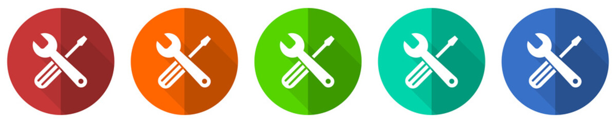 Tools icon set, red, blue, green and orange flat design web buttons isolated on white background, vector illustration