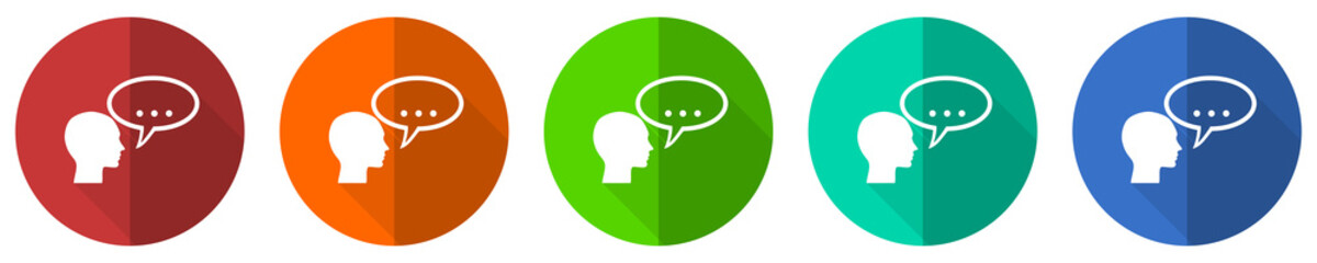 Forum icon set, red, blue, green and orange flat design web buttons isolated on white background, vector illustration