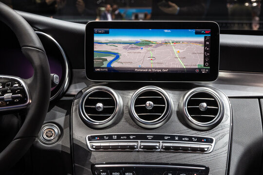 GENEVA, SWITZERLAND - MARCH 6, 2018: Dashboard console view of a Mercedes AMG C43 car showcased at the 88th Geneva International Motor Show.