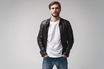 Fashion man, Handsome serious beauty male model portrait wear leather jacket, young guy over white...