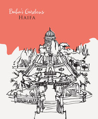 Drawing sketch illustration of the Bahai Gardens in Haifa, Israel