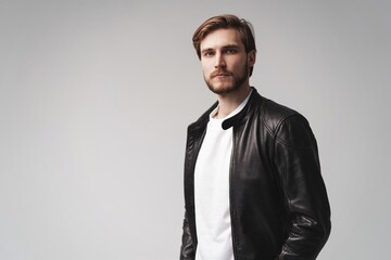 Fashion man, Handsome serious beauty male model portrait wear leather jacket, young guy over white background