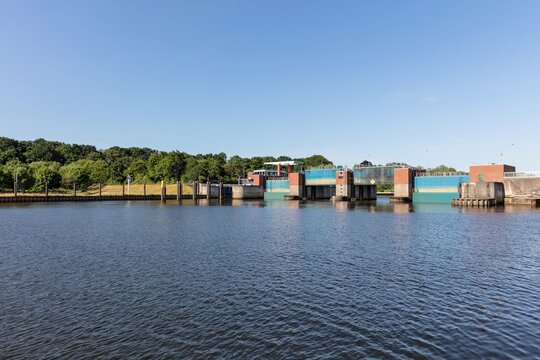 Lesumsperrwerk (Lesum Barrage) in Bremen, Germany. The technical structure on the river Lesum serves as flood protection and as a bridge connection.