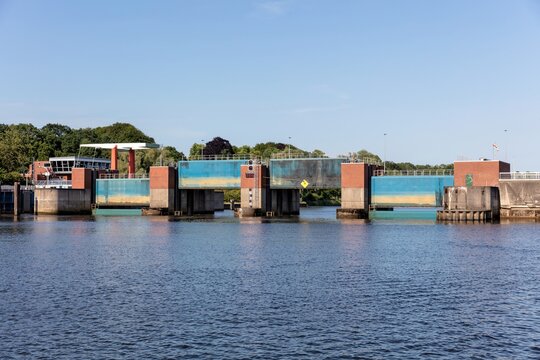 Lesumsperrwerk (Lesum Barrage) in Bremen, Germany. The technical structure on the river Lesum serves as flood protection and as a bridge connection.
