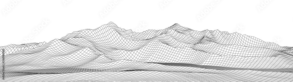 Poster vector wireframe 3d landscape. technology grid illustration. network of connected dots and lines. fu