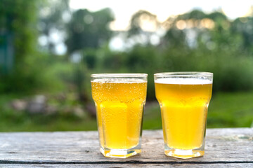 glass of beer on a wooden background in nature