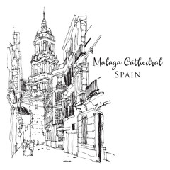 Drawing sketch illustration of Malaga Cathedral