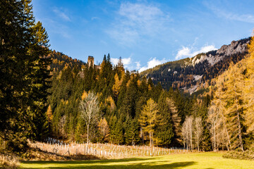 beautiful day in the austrian mountains with colorful trees and clouds