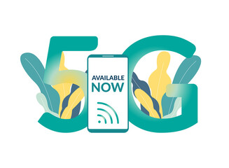 5G available now vector illustration. Phone with 5g wireless network technology
