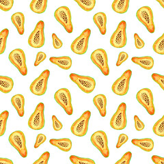 Exotic fruits illustration. Watercolor orange papaya seamless pattern isolated on white background. Fruits background for fabric, wrapping, wallpaper design.