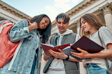 A group of students prepare for the exam and read the book notes on the street near the university...