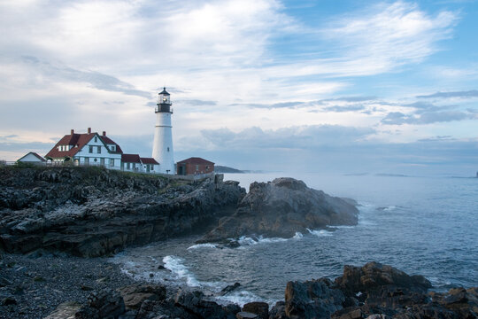 Portland Head lighthouse on the shore of the sea