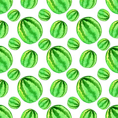 Exotic fruits illustration. Watercolor seamless pattern with sweet watermelon isolated on white background. Fruits background for fabric, wrapping, wallpaper design.