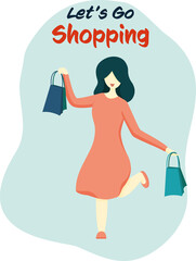 Vector flat illustration. Woman carrying bags with purchases. Let's go shopping lettering. Concept of shopping addiction, shopaholic behavior. Girl jumping with happiness.