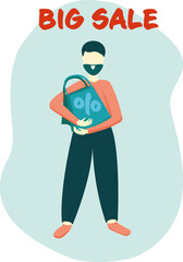 Vector flat illustration. Man carrying bags with purchases. Discount in hand of shopaholic. Big sale lettering.