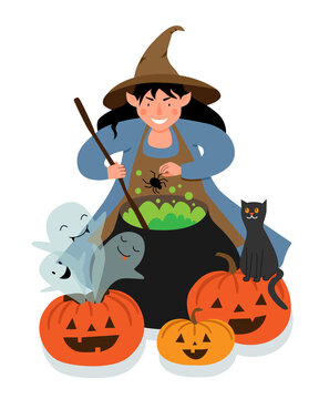 The witch brews a spider potion in a large cauldron. Halloween scene with a witch, pumpkins, ghosts and a black cat.