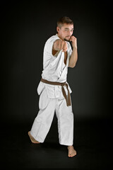 Fototapeta na wymiar karate man training and posing on black background