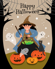 The witch brews a spider potion in a large cauldron on the forest. Halloween scene with a witch, pumpkins, ghosts and a black cat.