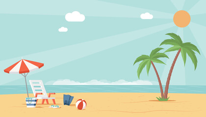 Fototapeta na wymiar Summer beach landscape view with sea, palm trees, umbrella, ball, and deckchair. Perfect vacation and holidays at sea resort vector flat illustration. Enjoy summer weekend at the sea concept.