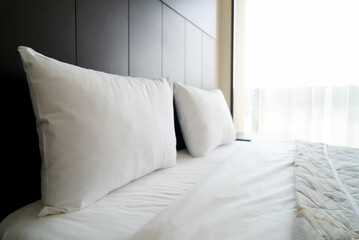 Hotel room interior with double bed furniture. Interior of modern bedroom