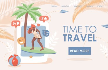 Time to travel vector flat landing page template. Young smiling woman in swimming suit doing summer activities, riding on surfboard. Summer vacation, sea resort website template.