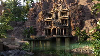 oude tempel van de jaguar in de klifrotsen, verborgen in het tropische regenwoud, 3D-fantasieomgeving achtergrondconcept