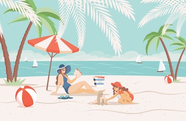 Fototapeta na wymiar Happy mother and daughter spending summer vacation on sandy beach near the sea vector flat illustration. Young woman and girl read and build sand castle. Tropical sea resort banner concept.