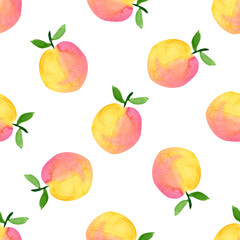 Exotic fruits illustration. Watercolor orange pink peach seamless pattern isolated on white background. Fruits background for fabric, wrapping, wallpaper design.