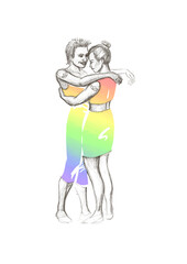 Lesbian couple standing and hugging, hand drawn sketch with digitally added rainbow colours. LGBTQ+ concept.