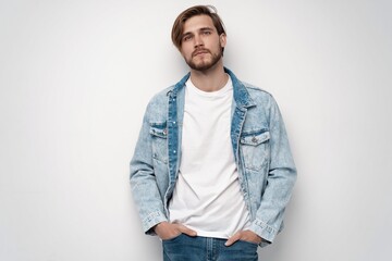 Fashion portrait of young man wearing jeans jacket