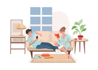 Smiling man and woman in domestic clothes sitting on sofa, surf on the internet, and read books vector flat illustration. Modern living room interior design. Spending evening time together at home.