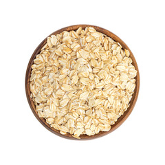 Oat flakes in wooden bowl and wooden spoon on white backround. Top view