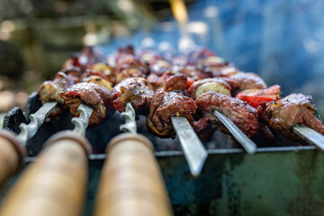 Skewers uncooked in nature on skewers in the open air. shashlyk