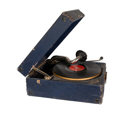 Phonograph with crank. Old gramophone Isolated on a white background. - 366149211