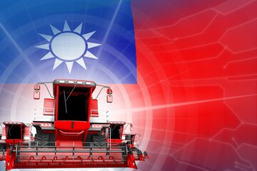 Digital industrial 3D illustration of red modern farm combine harvesters on Taiwan Province of China flag, farming equipment modernisation concept