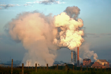 Smoke from chimneys of an ethanol factory in Brazil.