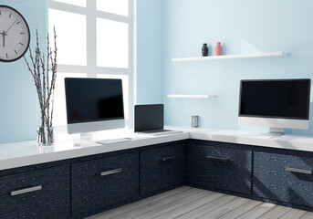 Workspace at home with a desktop computer 3d rendering mockup.Modern technology concept . 3d illustration