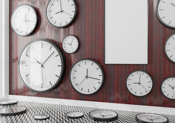Fototapeta na wymiar Group of wall clocks in a wooden wall .3d rendering