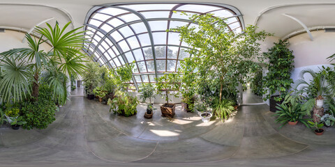 full seamless spherical hdri panorama 360 degrees angle view in greenhouse with a lot of plants  in equirectangular projection. VR  AR content