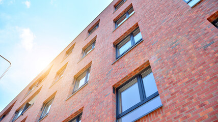 Modern apartment buildings on a sunny day with a blue sky. Facade of a modern apartment building. Glass surface with sunlight.