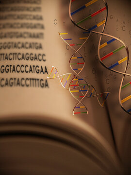 An open book with dna strands and gentic code springing from book. 3D rendering