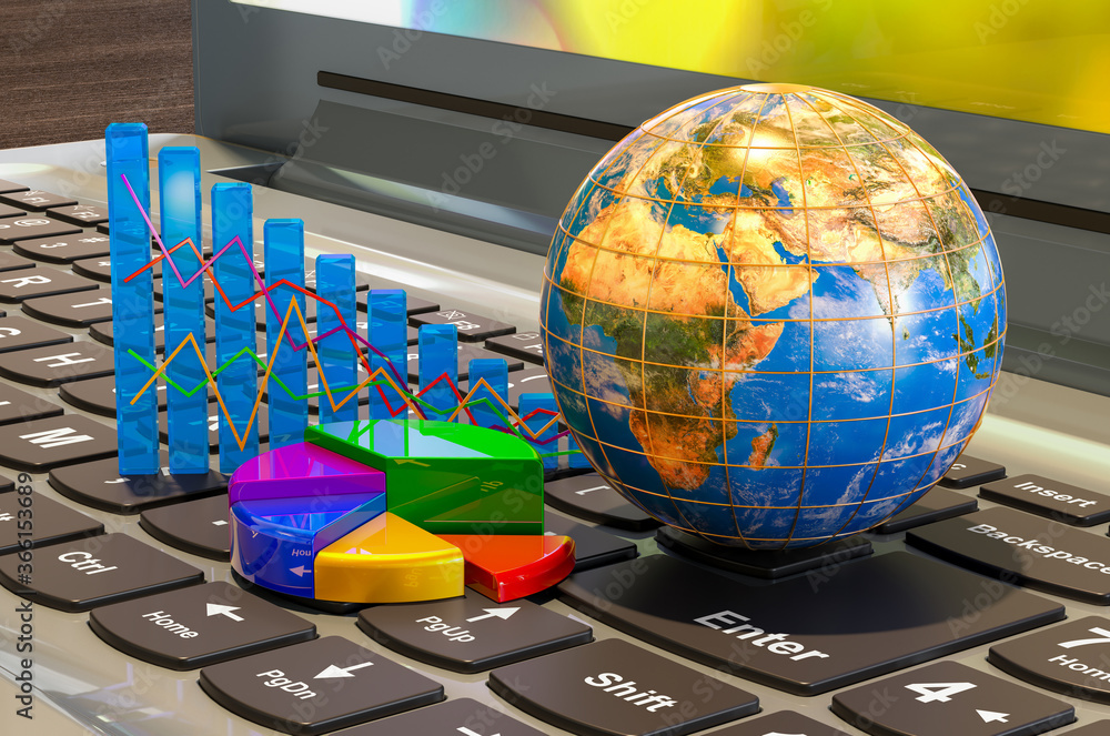 Aufkleber earth globe with diagram and charts on the keyboard laptop. 3d rendering
