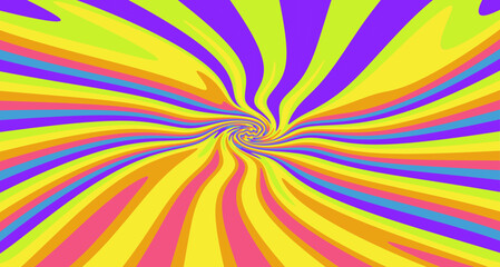 1960s Hippie Wallpaper Design. Trippy Retro Background for Psychedelic 60s-70s Parties with Bright Acid Rainbow Colors and Groovy Geometric Wavy Pattern in Pop Art style. - obrazy, fototapety, plakaty