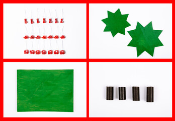 Step by step photo instruction how to make new year or christmas tree from cardboard, animal shaped pasta, cotton and toilet paper tube. Two.