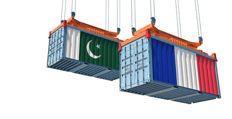 Freight containers with Pakistan and France flag. 3D Rendering 