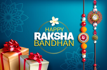 Greeting background with decorated rakhi and gifts for Raksha Bandhan (Bond of protection and care) – Indian festival of sisters and brothers. Vector illustration.